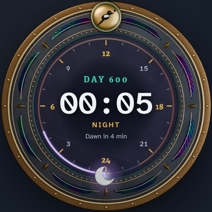 The in-game clock at 00:05 on day 600: a bronze and slate dial with the magpie medallion at noon, the moon just past midnight and four minutes to dawn