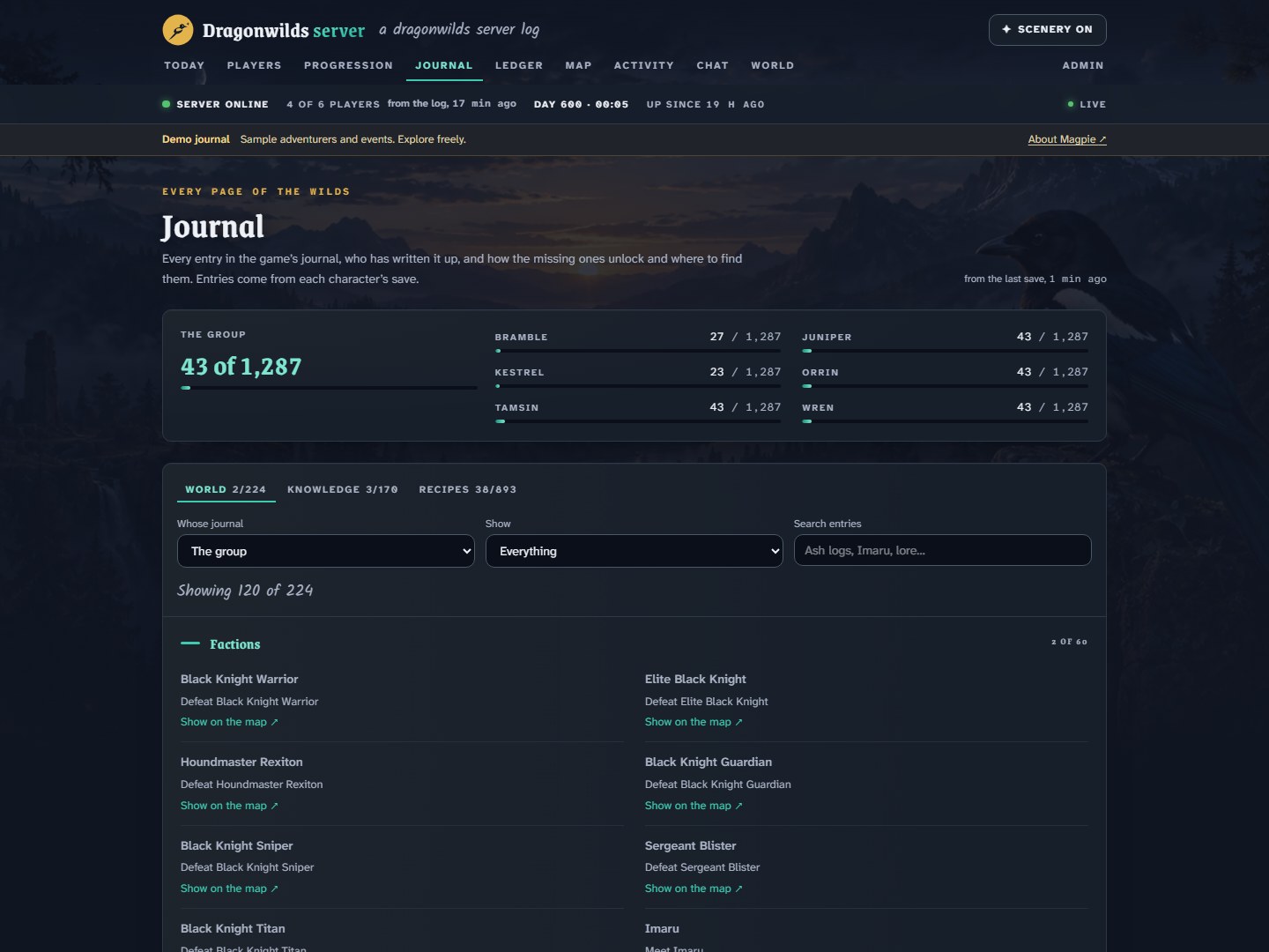 The Journal page with the group's progress and entries grouped by category, with how each missing one unlocks