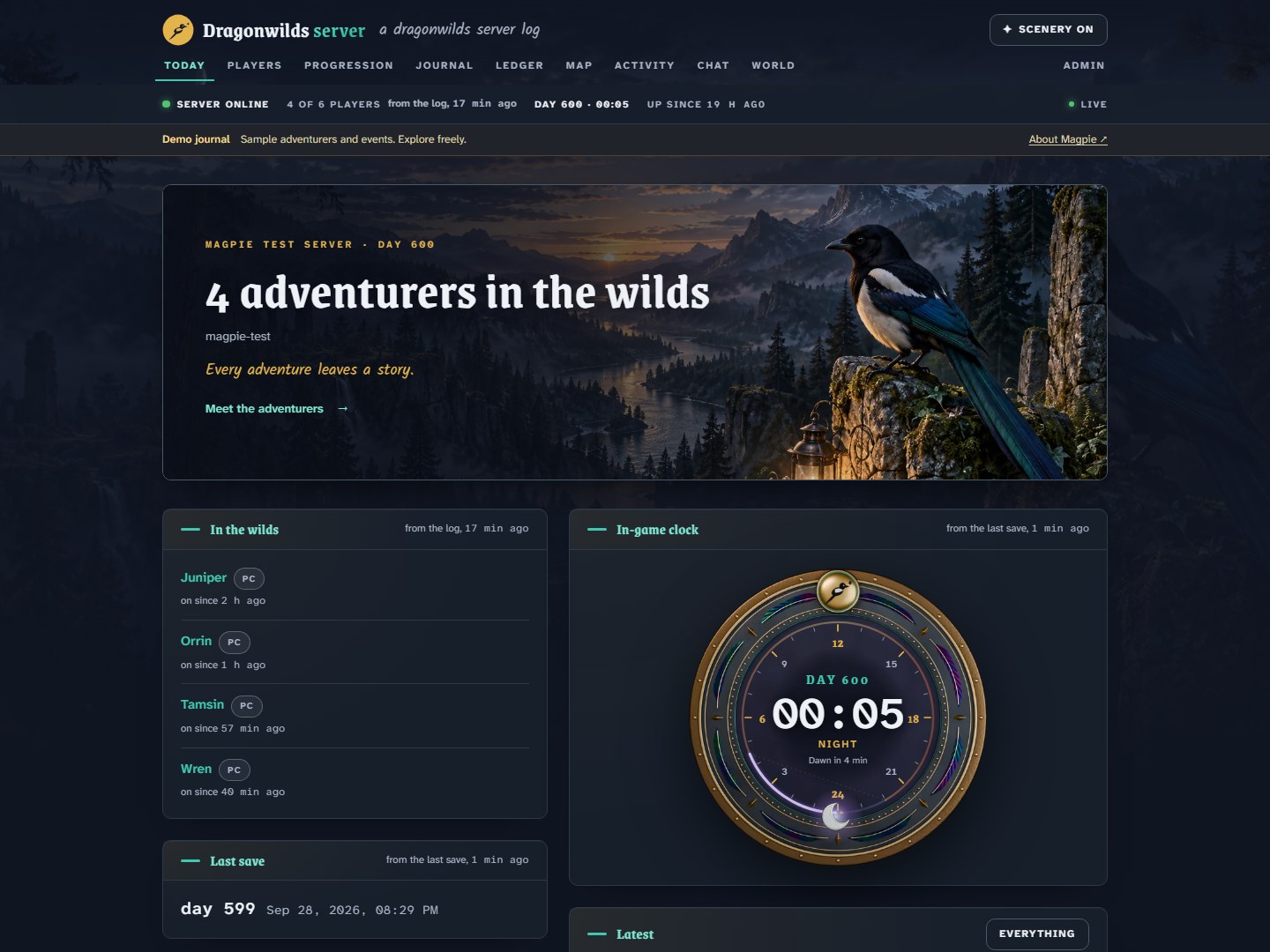 Magpie's Today page: four adventurers online, the in-game clock, the latest activity and the last world save beneath a woodland panorama