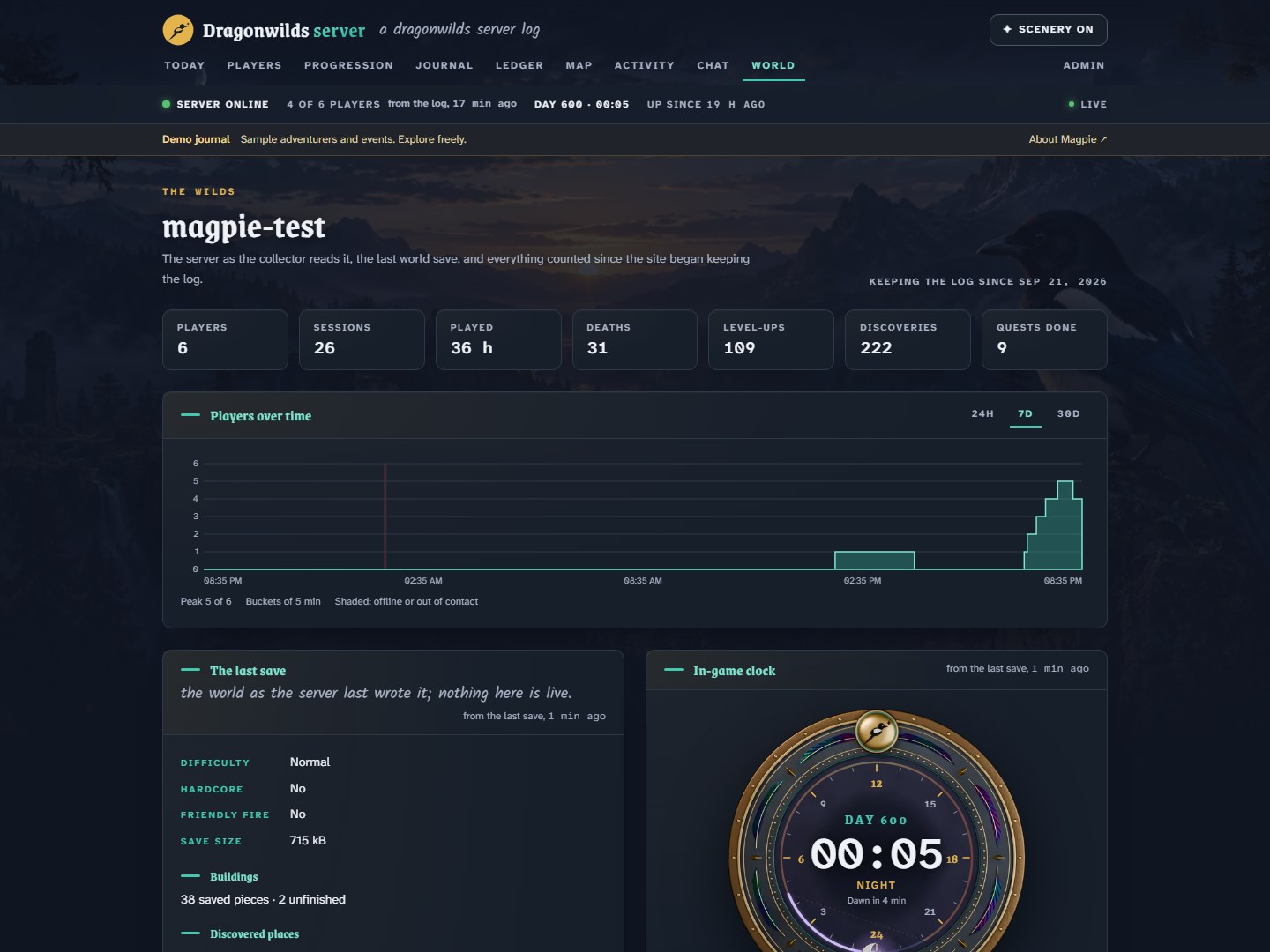 The World page with saved world conditions, weather by region and server statistics