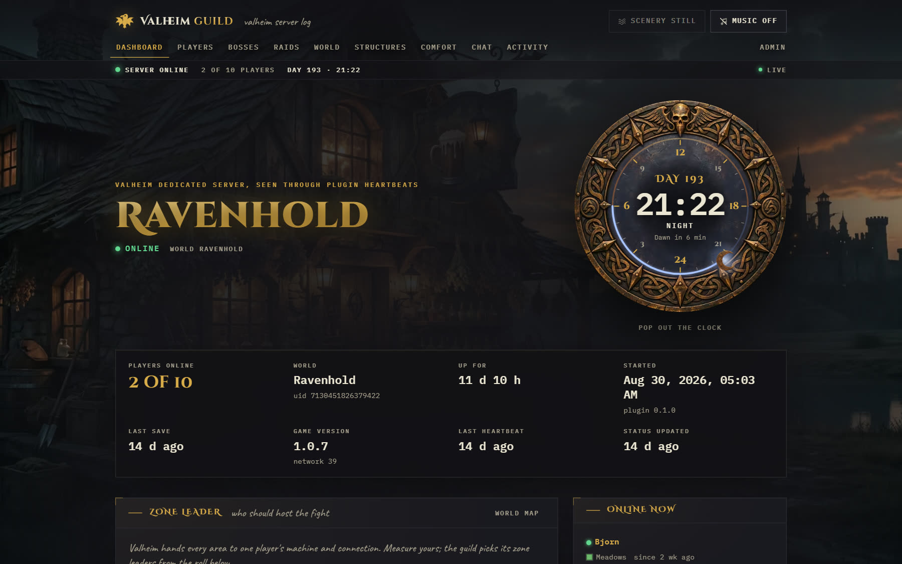 The Muninn dashboard: server status, the world clock and the zone leader roll