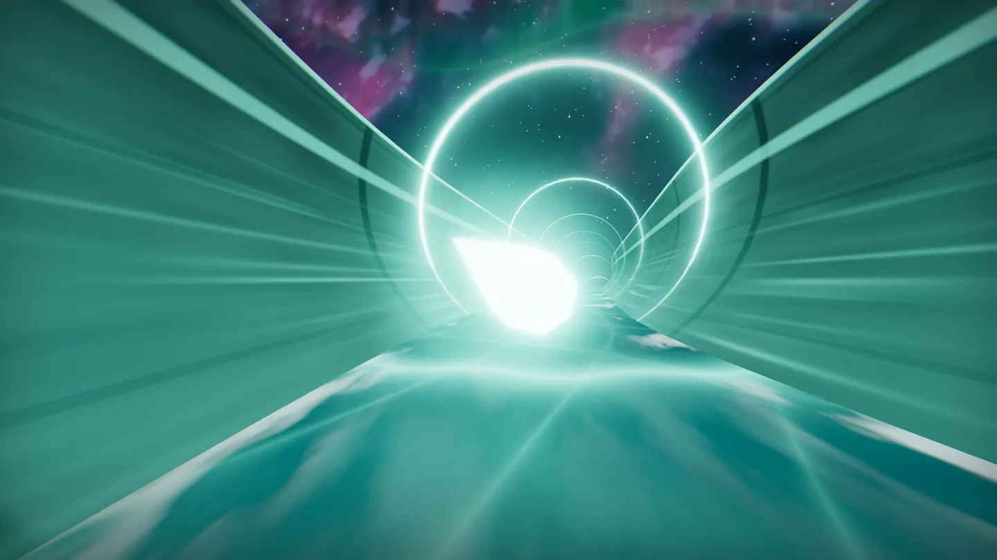 Inside a mint flume, a glowing droplet of light floats just above the water ahead.