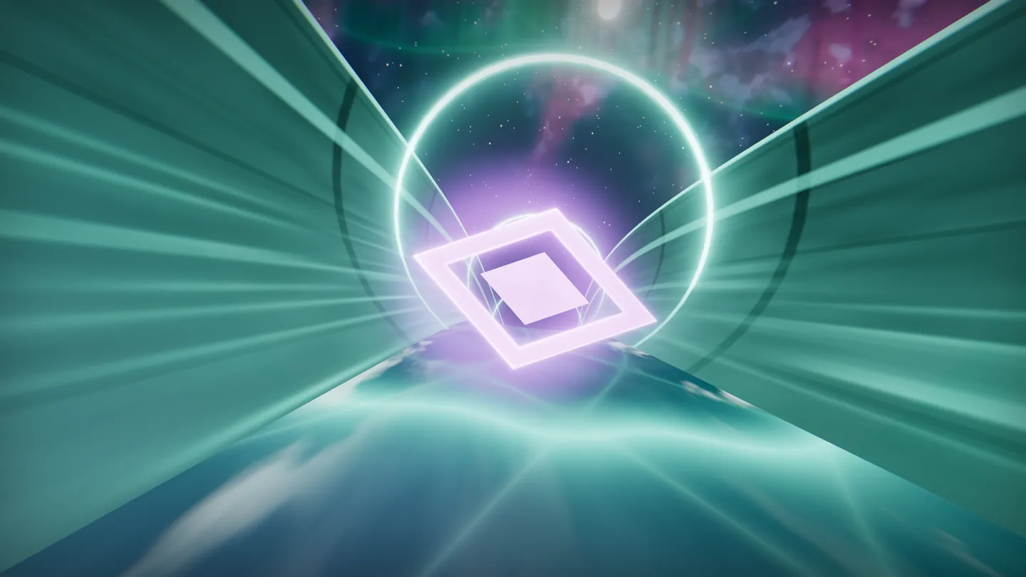 A violet diamond of light hangs higher on the flume wall, rushing toward the rider.