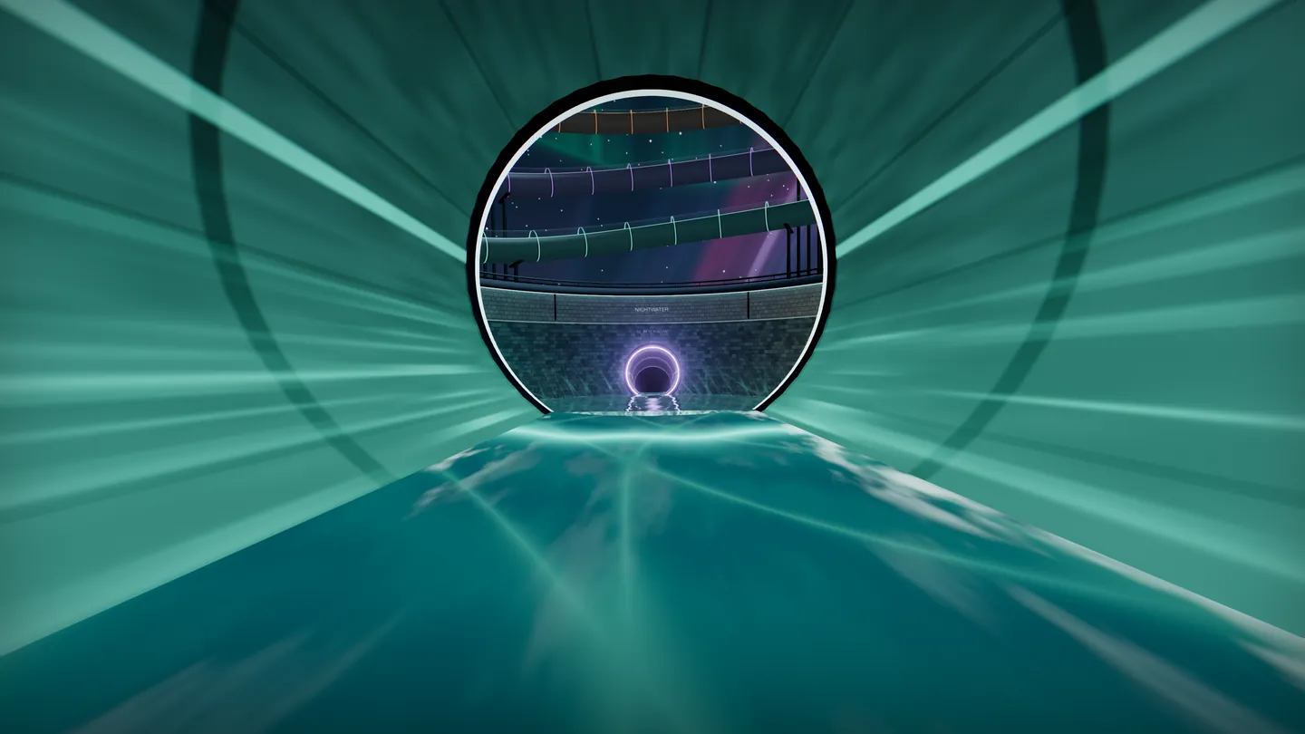 The end of a flume opens onto the next pool: three glowing exits wait across the water.