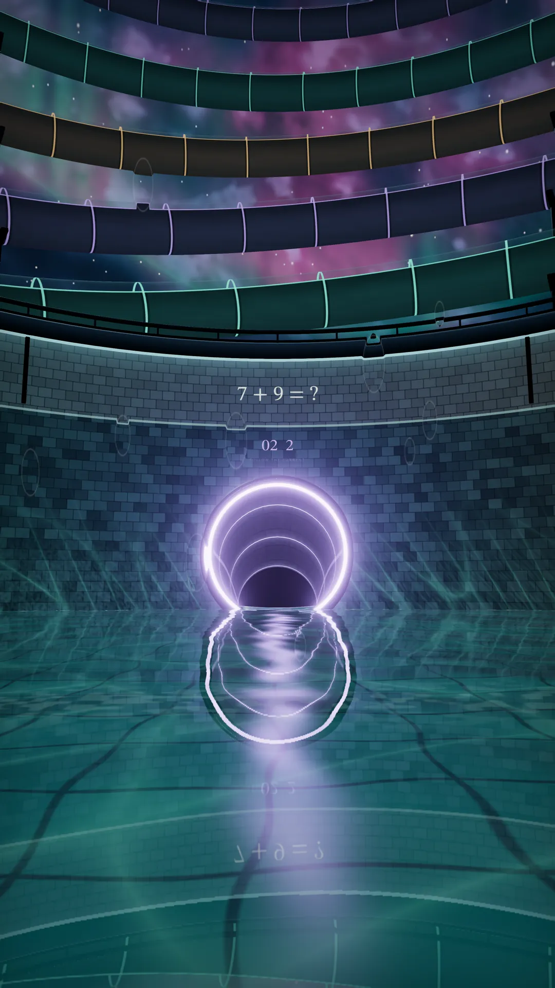 The first pool in Nightwater, at night: 7 + 9 = ? on the wall above glowing exit pipes, reflected in dark water.