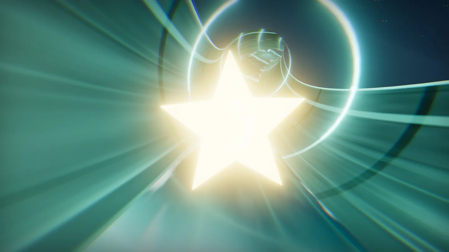 A gold star bursts with light in the middle of the flume as the rider catches it.