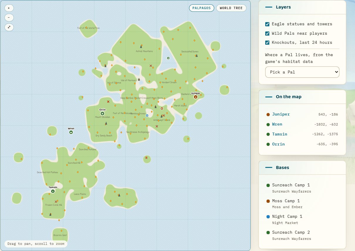 The live map of the islands with players, bases and wild Pals