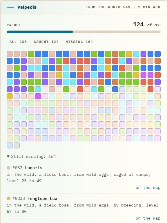 A player's Palpedia: every entry as a tile, caught ones in colour, and the list of what is still missing with how each is obtained