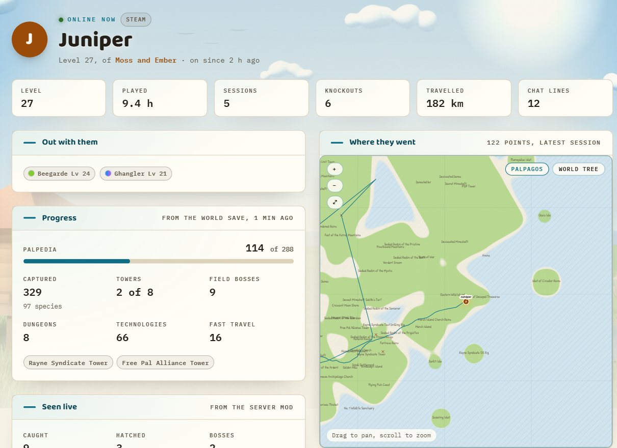 A player page with the Pals out with them, their progress from the world save and the trail of a session