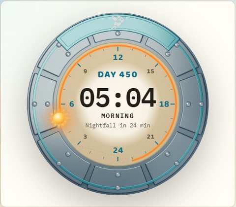 The sun dial: day 450 at 05:04 in the morning, with the sun rising over the six o'clock mark